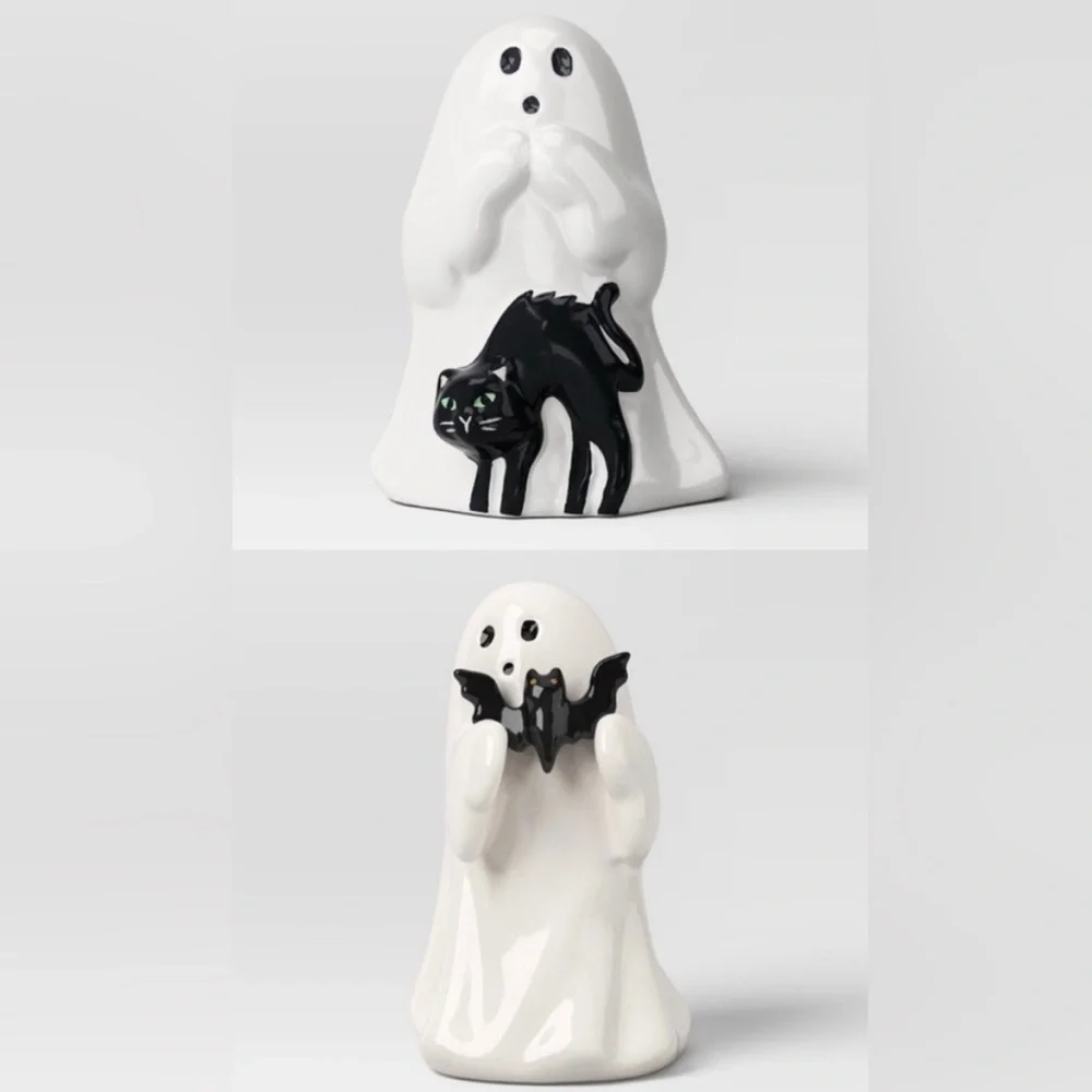 Target Hyde & EEK! Halloween SET OF 2 Ghost Bat & Ghost Cat Ceramic Figurines